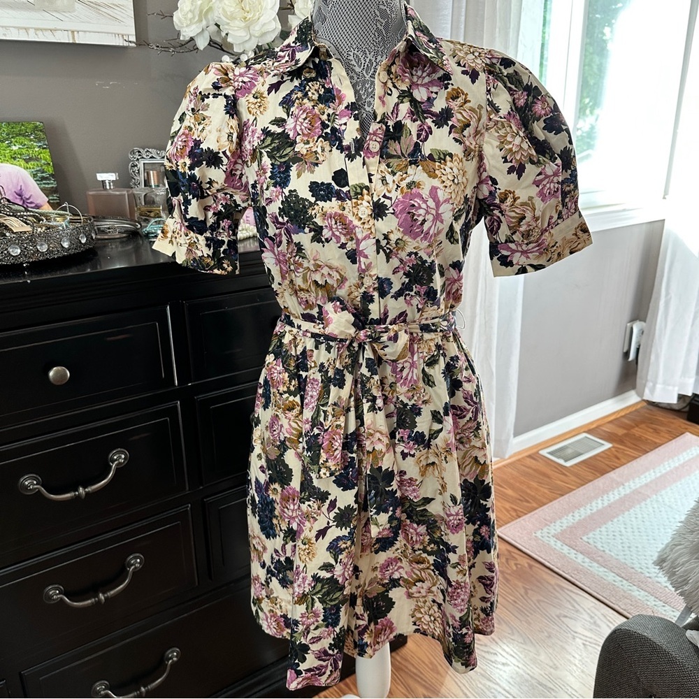 Who What Wear Puff Sleeve Floral Button Front Dress XS Belted Pockets Size XS/S - Picture 2 of 16